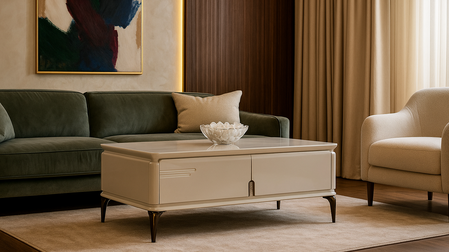 Elegant white center coffee table with marble top and brushed metal detail from TAS Living
