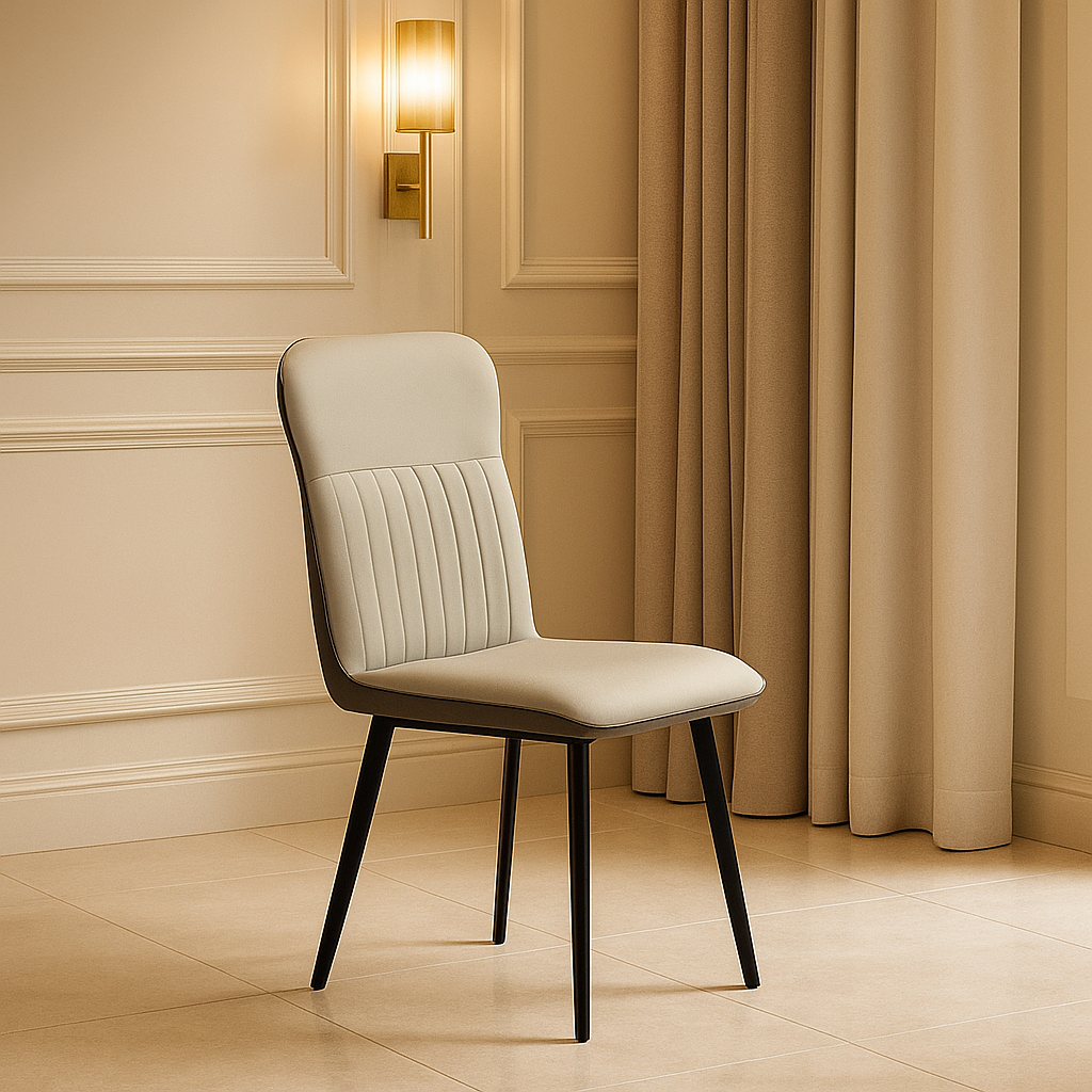 Grey leatherette dining chair with vertical stitching and black powder-coated legs on wood flooring
