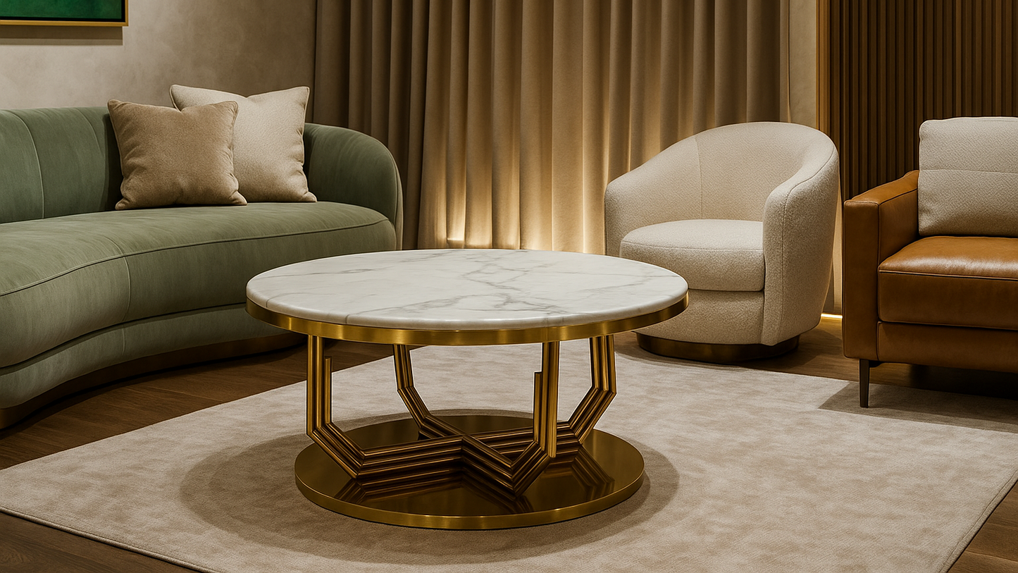 Round white marble center coffee table with golden lattice base — TAS Living