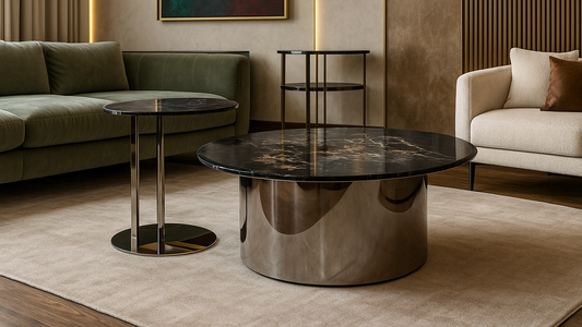 Luxury black marble coffee table set with polished steel reflective bases — TAS Living