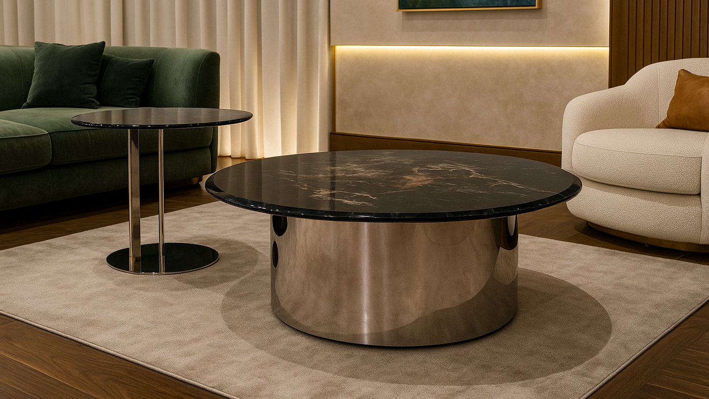 Modern living room with a round coffee table, green sofa, and beige armchair.