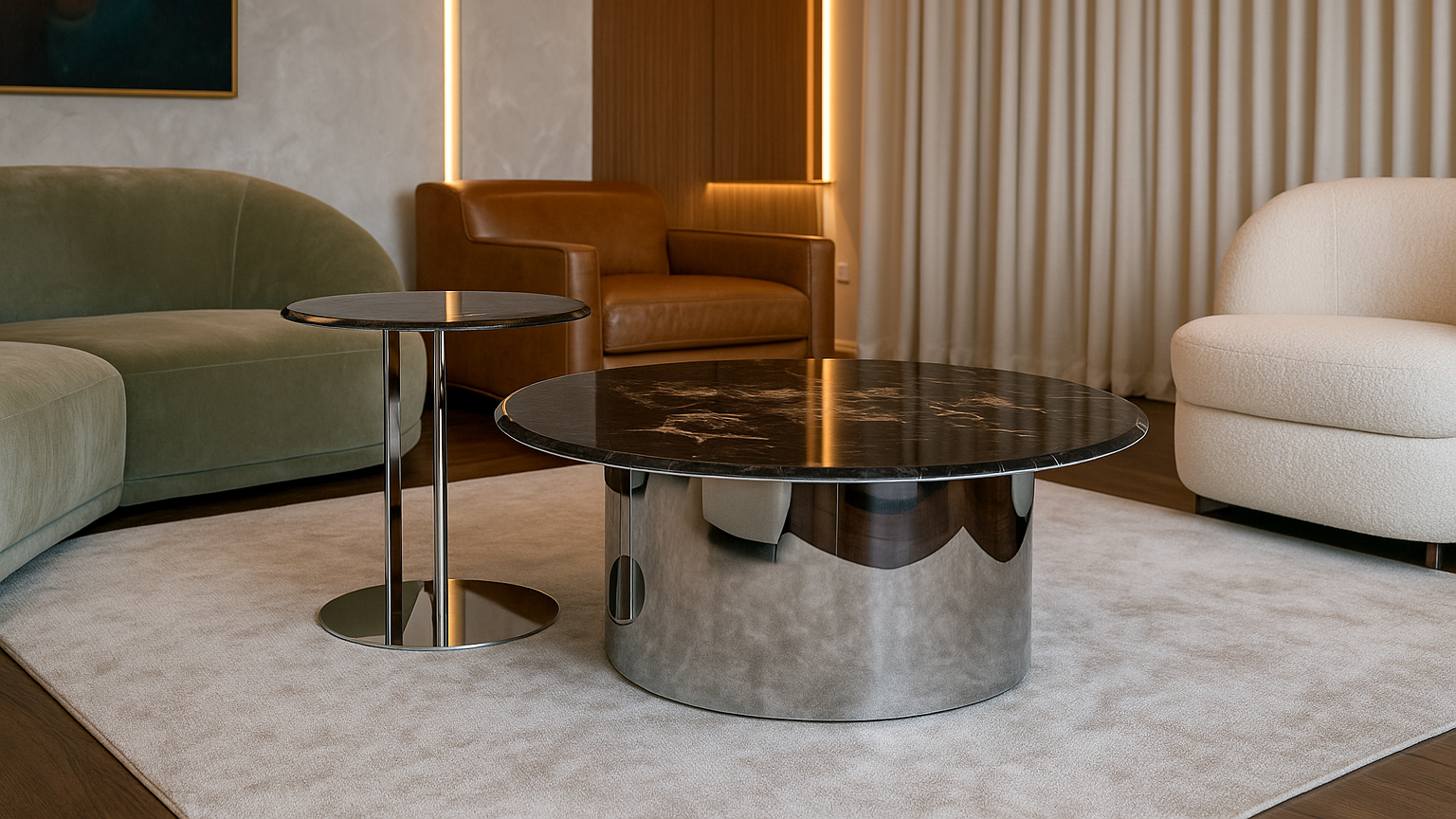 Modern living room with a stylish coffee table and comfortable chairs.