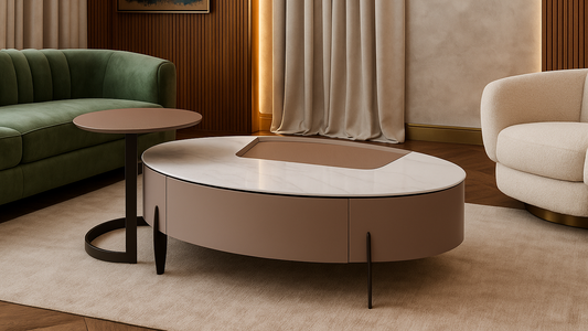 Round beige coffee table, wth a side table