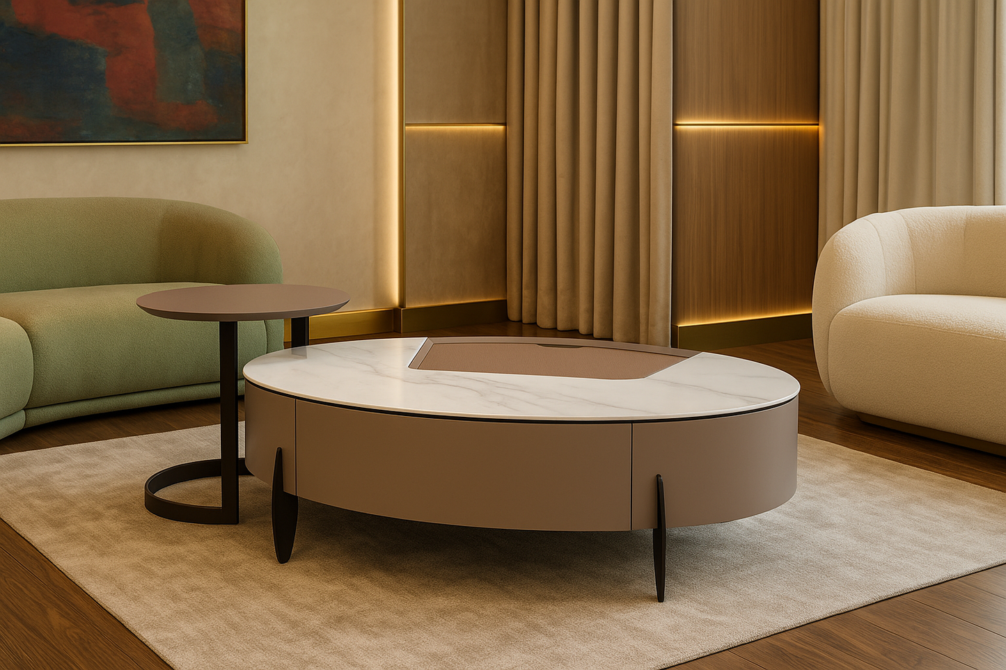 Round coffee table in a living room setting with beige walls and furniture.