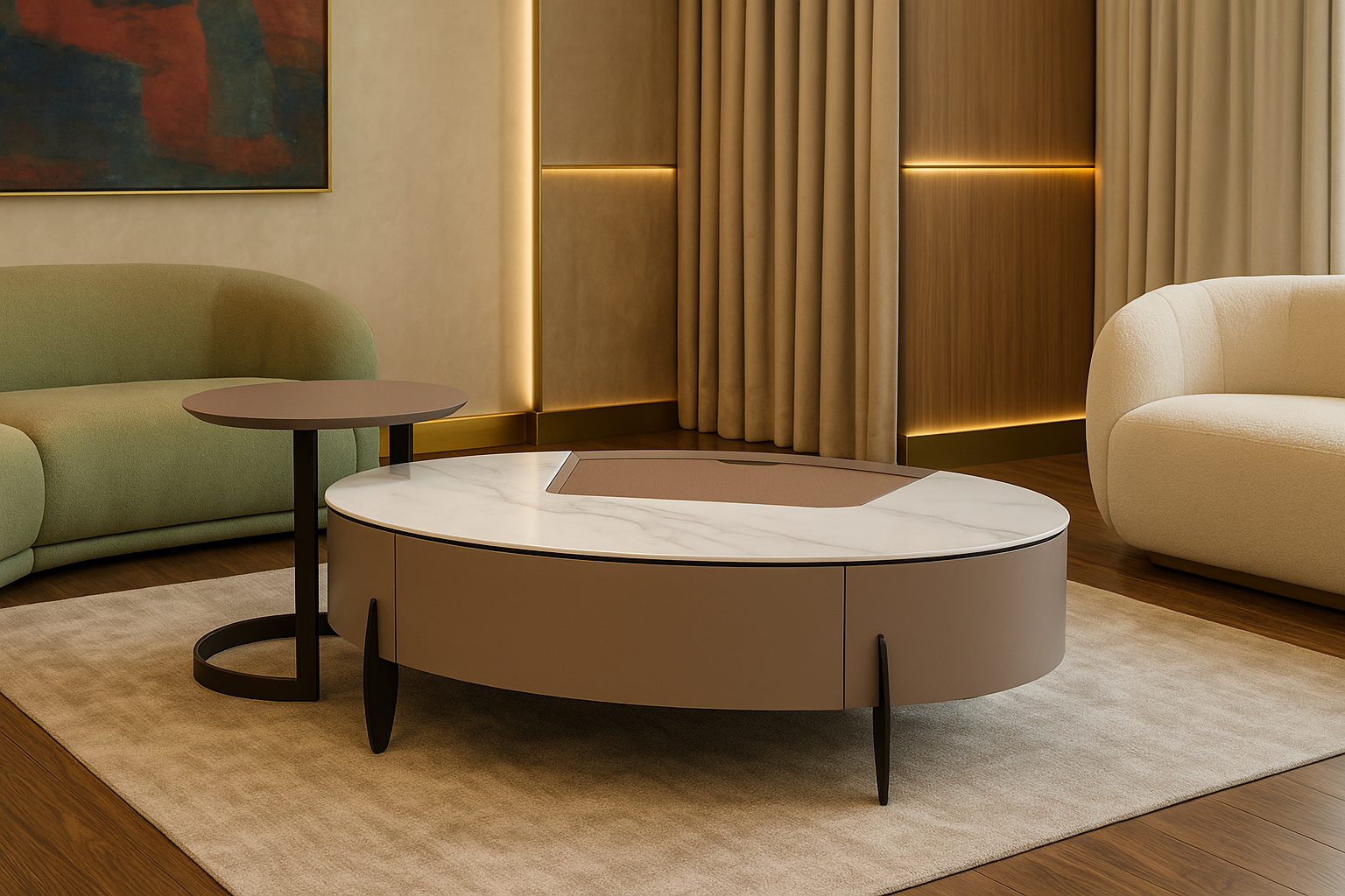 Round coffee table in a living room setting with beige walls and furniture.