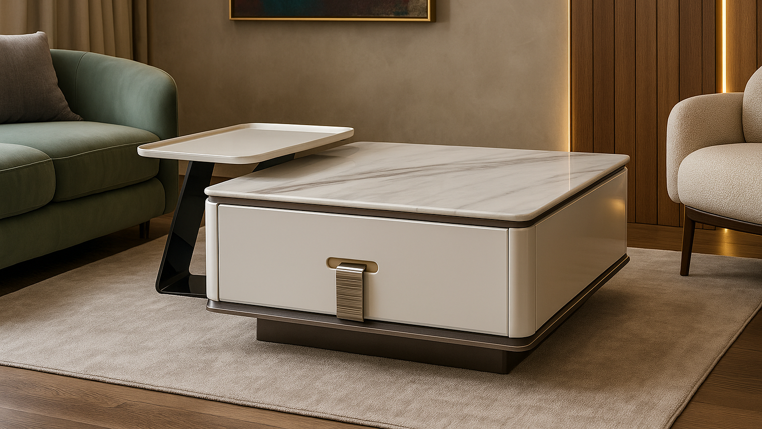 Modern coffee table set with veined marble top and sleek integrated drawers — TAS Living
