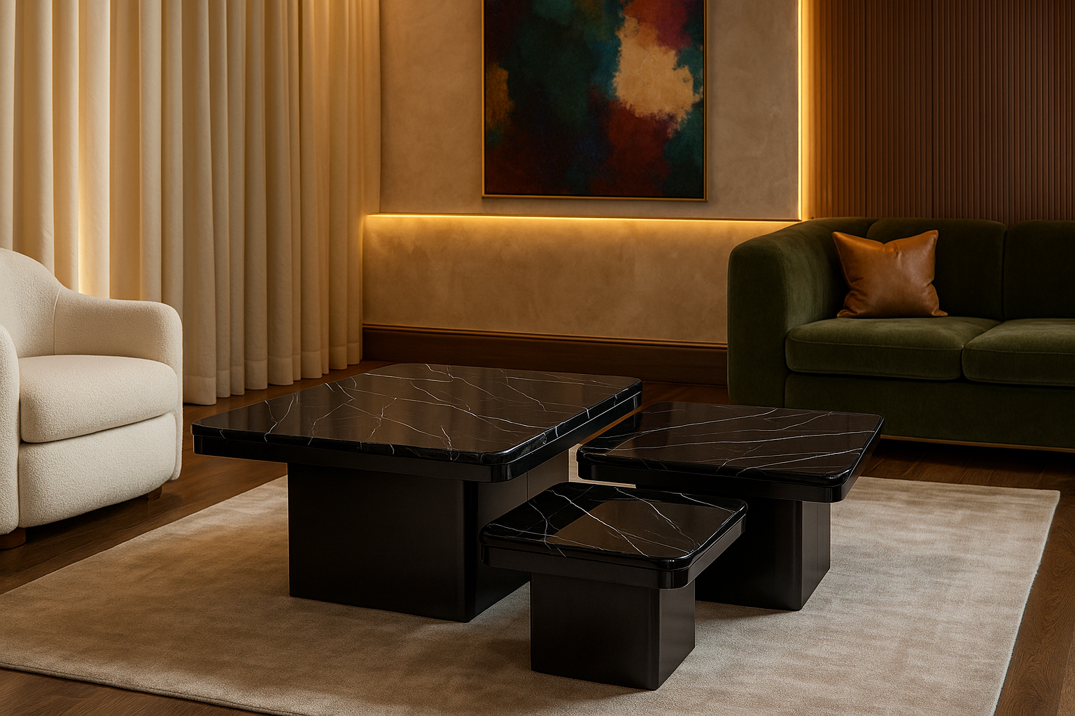 Trio of black marble coffee tables with striking veined tops — TAS Living