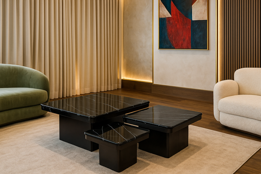 Luxury black marble coffee table set of three with white veining — TAS Living