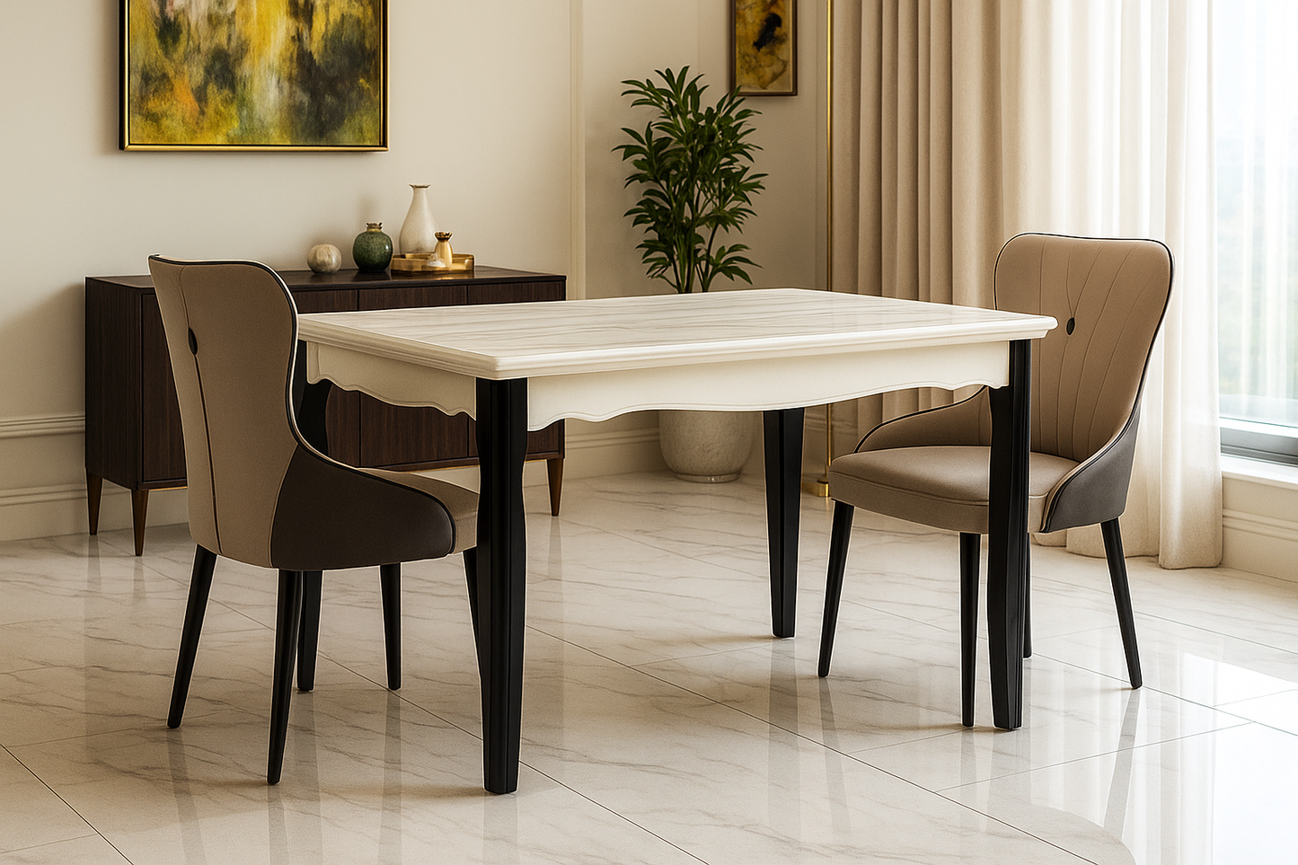 Dining room with a white top and brown chairs in a well-lit room.