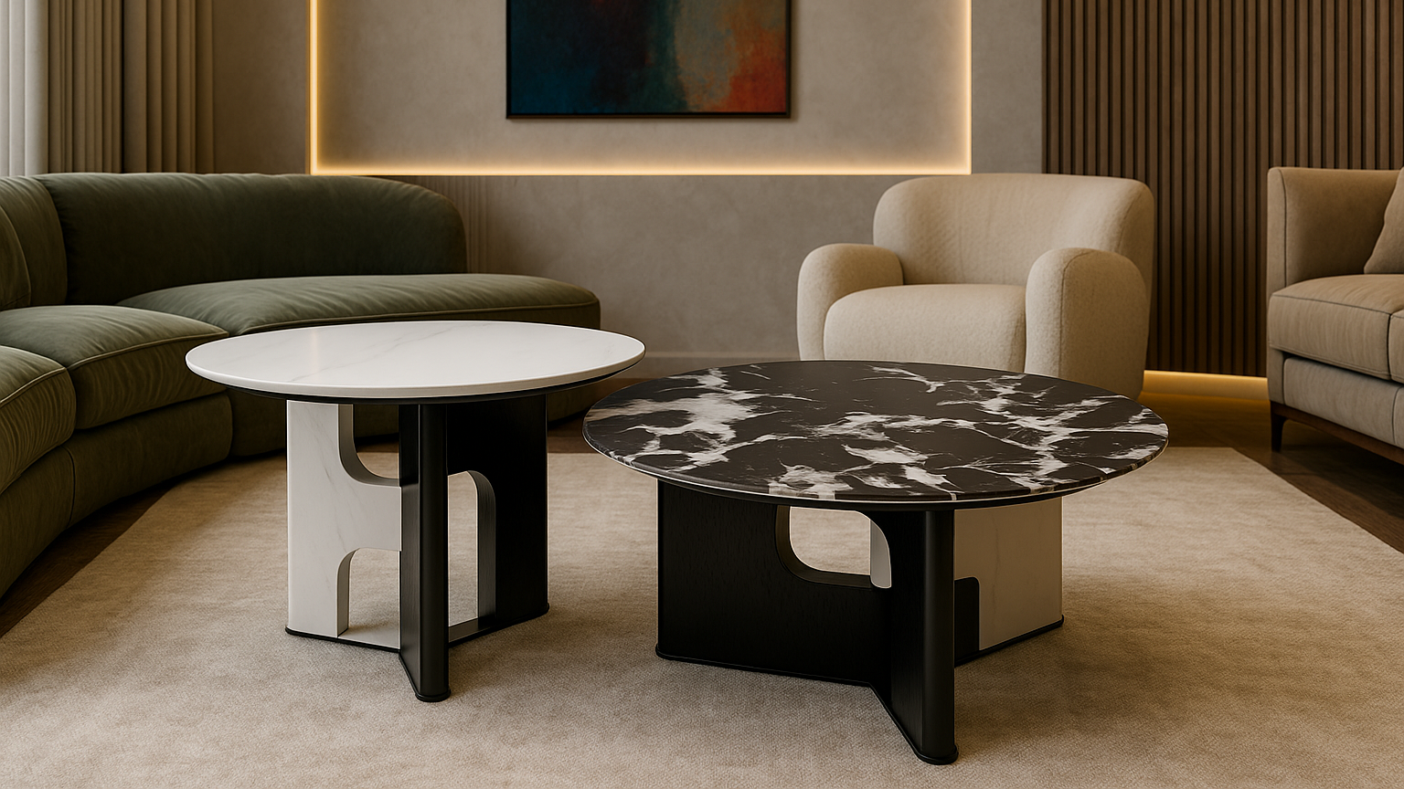 Modern coffee table set with black veined marble and white marble tops — TAS Living