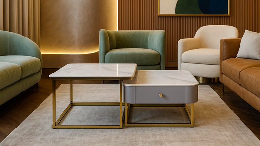 Modern marble coffee table set with floating top and integrated storage — TAS Living
