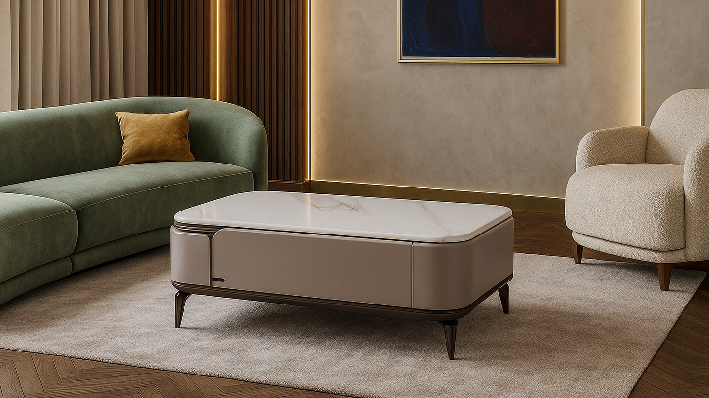 Luxury white marble coffee table with hidden storage and sculptural base — TAS Living