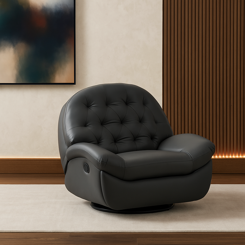 Black leather armchair in a modern living room setting with abstract art on the wall.