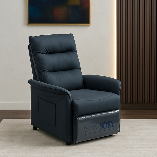 Blue recliner sofa in a room with a painting on the wall.