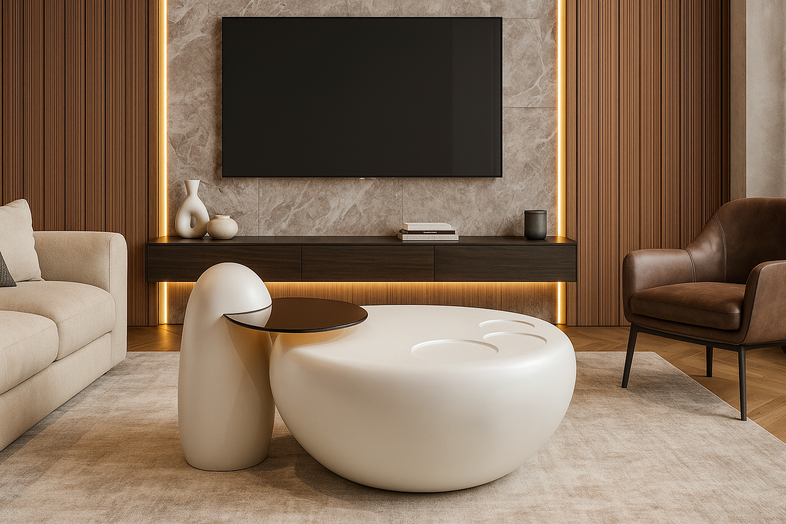 Modern living room with a white canter table, beige sofa, and brown armchair.