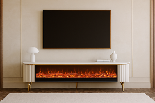 Aurora Flame LED Runner with white body, golden legs, and integrated fire effect – luxury modern fireplace TV console