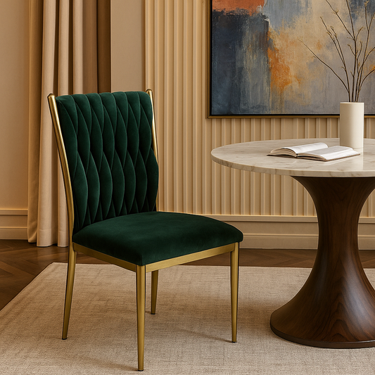 Green velvet dining chair with pleated backrest and gold legs