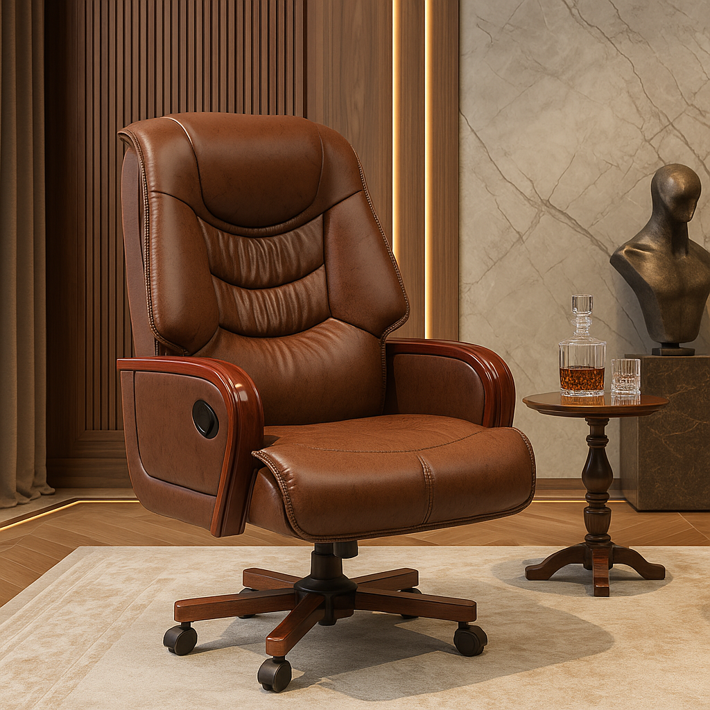 Brown Executive Office Chair with Mahogany Wood Arms and Base