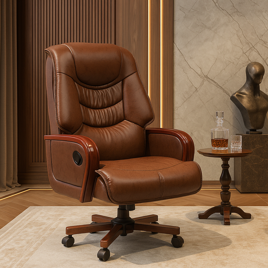Brown Executive Office Chair with Mahogany Wood Arms and Base