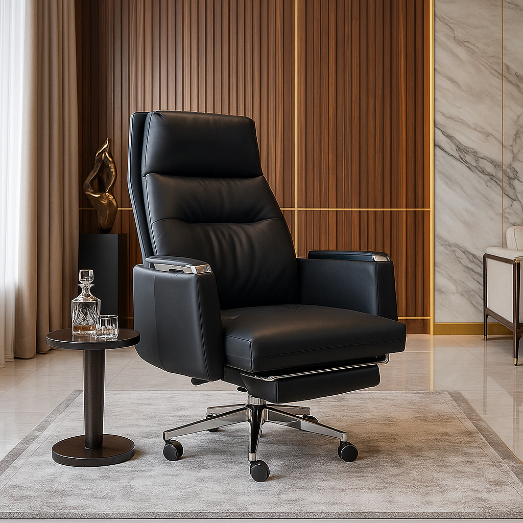 Black leather recliner chair in a luxurious room with marble walls and wooden paneling.