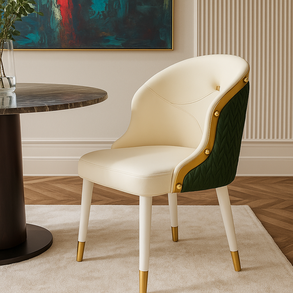 Decorative chair with gold accents in a room with a marble table and abstract painting.