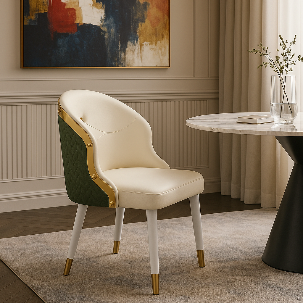 Modern chair with green and beige design in a stylish room with abstract art and a table.