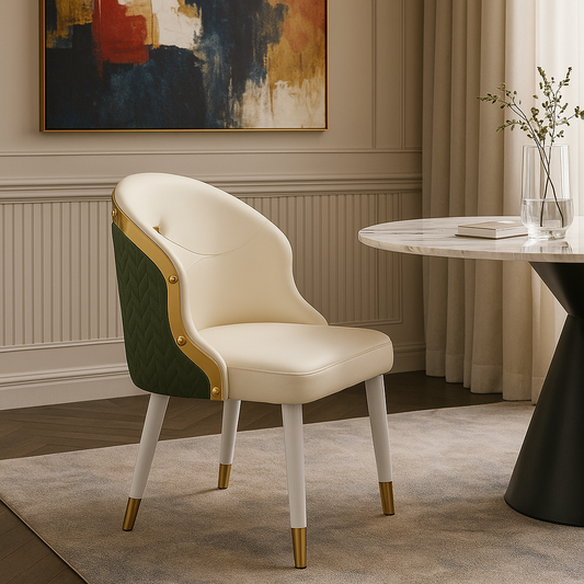 Modern chair with green and beige design in a stylish room with abstract art and a table.