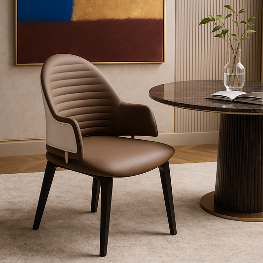 Mocha and ivory dual-tone dining chair with ribbed backrest and wooden legs – Bristol Curve Dining Chair