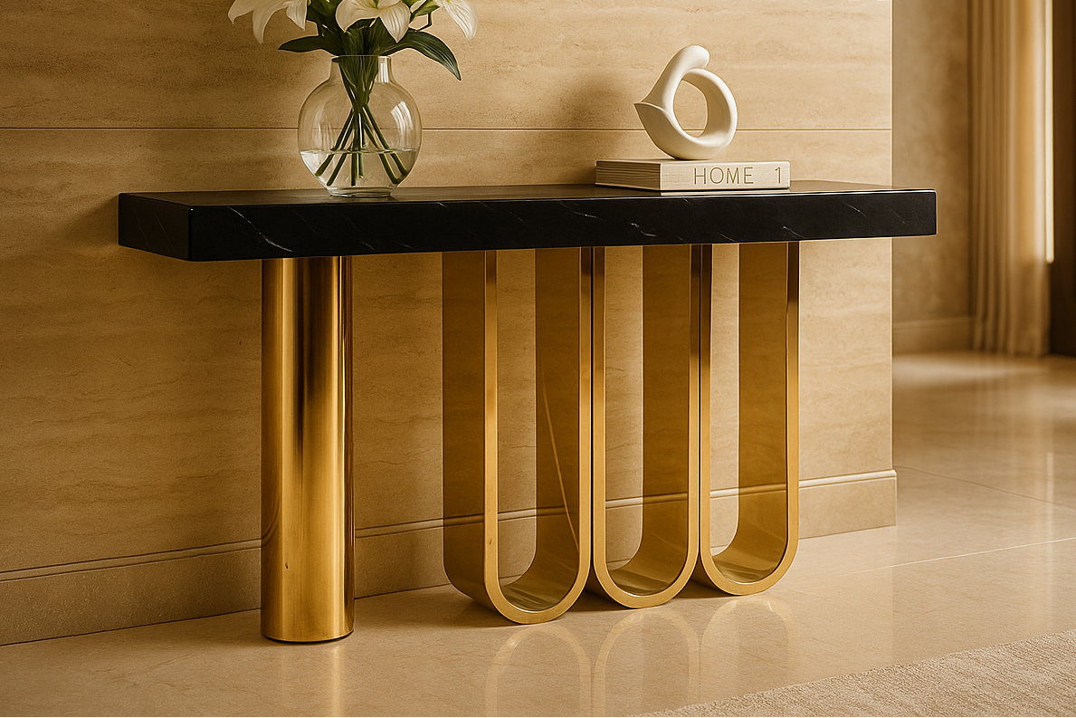 Modern console table with gold legs against a beige wall, featuring the brand 'TAS Living'.