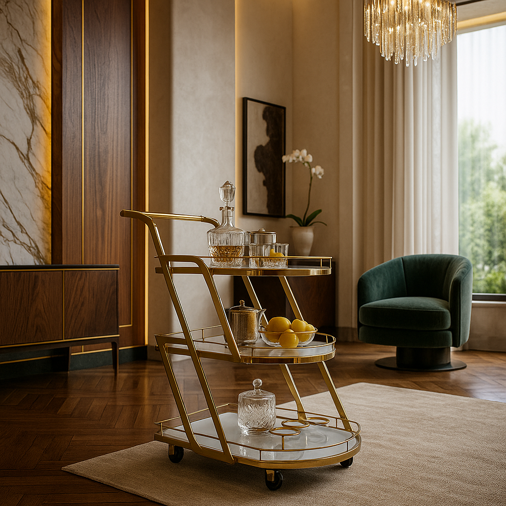 Gold bar cart with drinks in a stylish room with a green chair and large window.