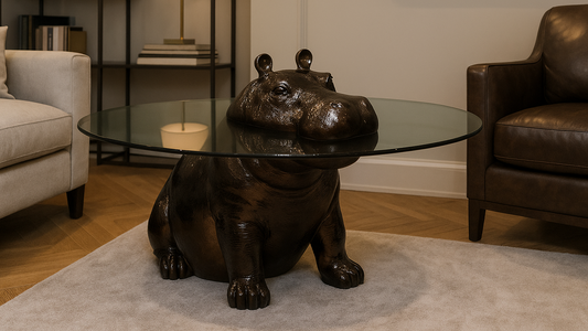 Hippo-shaped coffee table in a living room setting with furniture and decor.