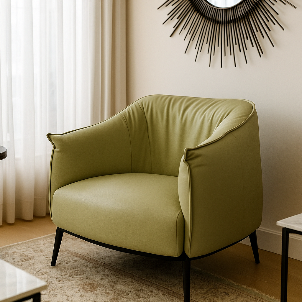 Green armchair in a living room with a round mirror on the wall.