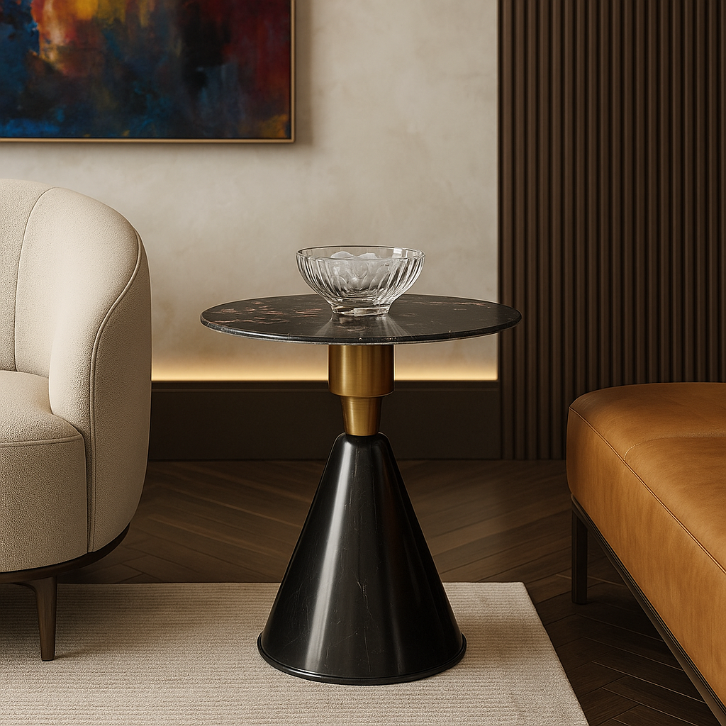 Modern side table with black base and gold accent in a living room setting.
