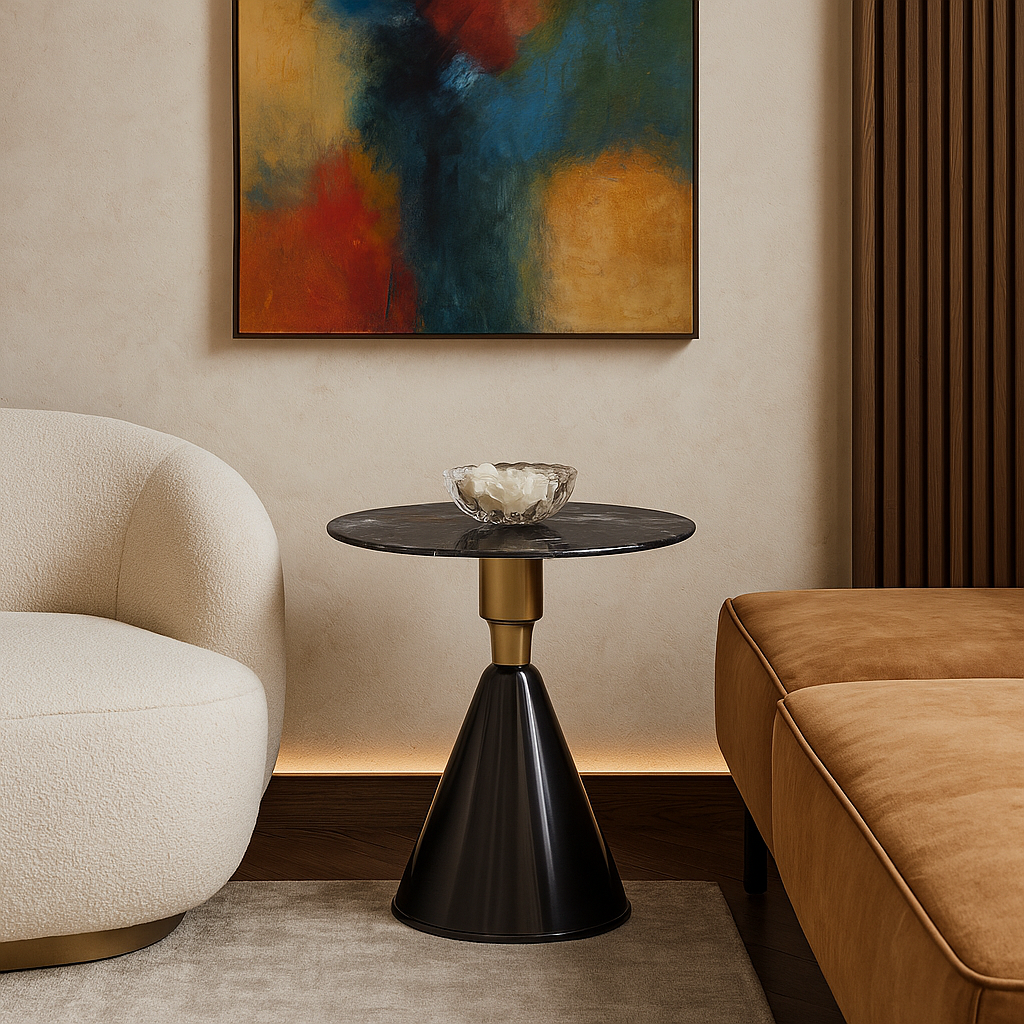 Modern living room with a black side table, beige armchair, and brown sofa.