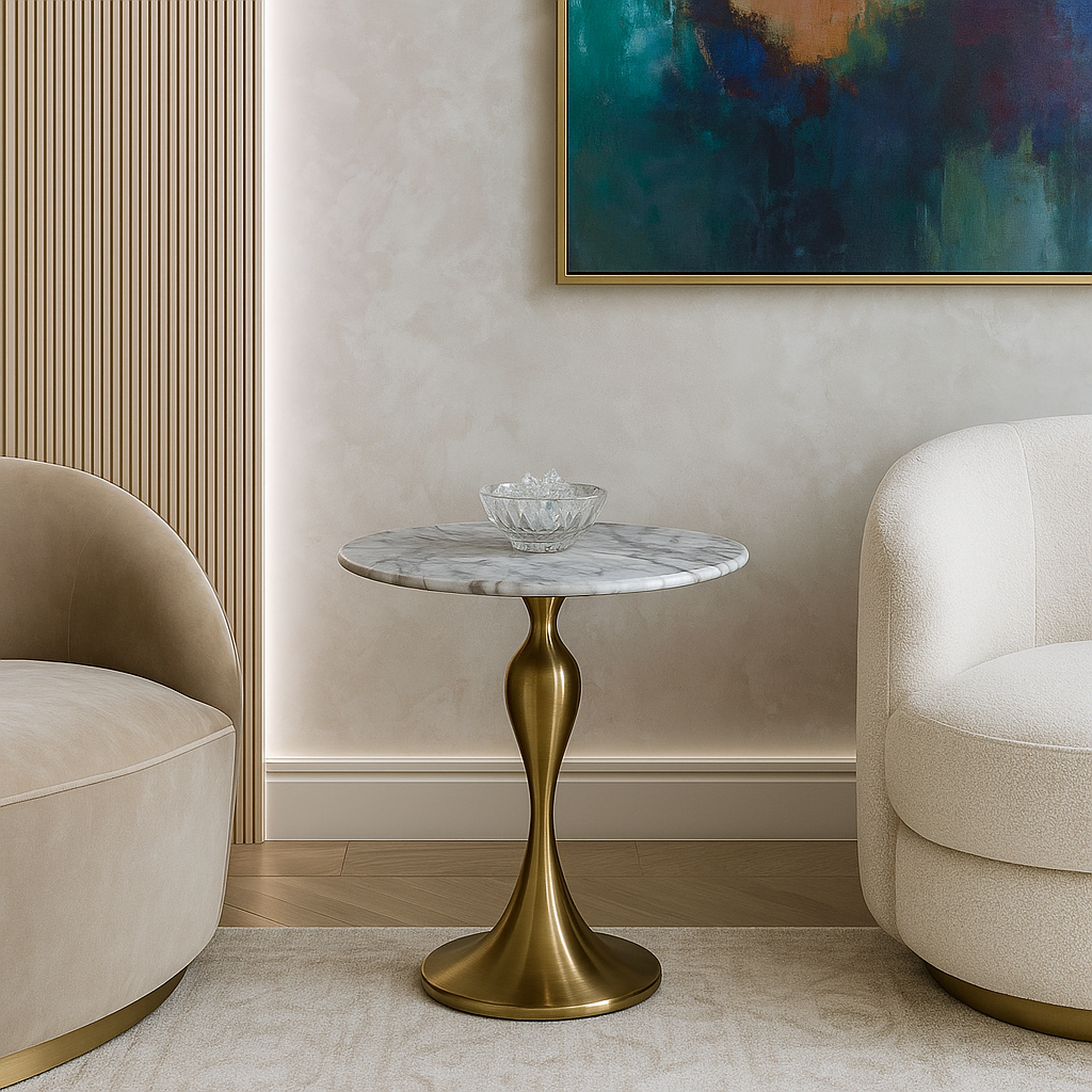 Modern interior with a marble-top side table, beige armchair, and abstract painting.