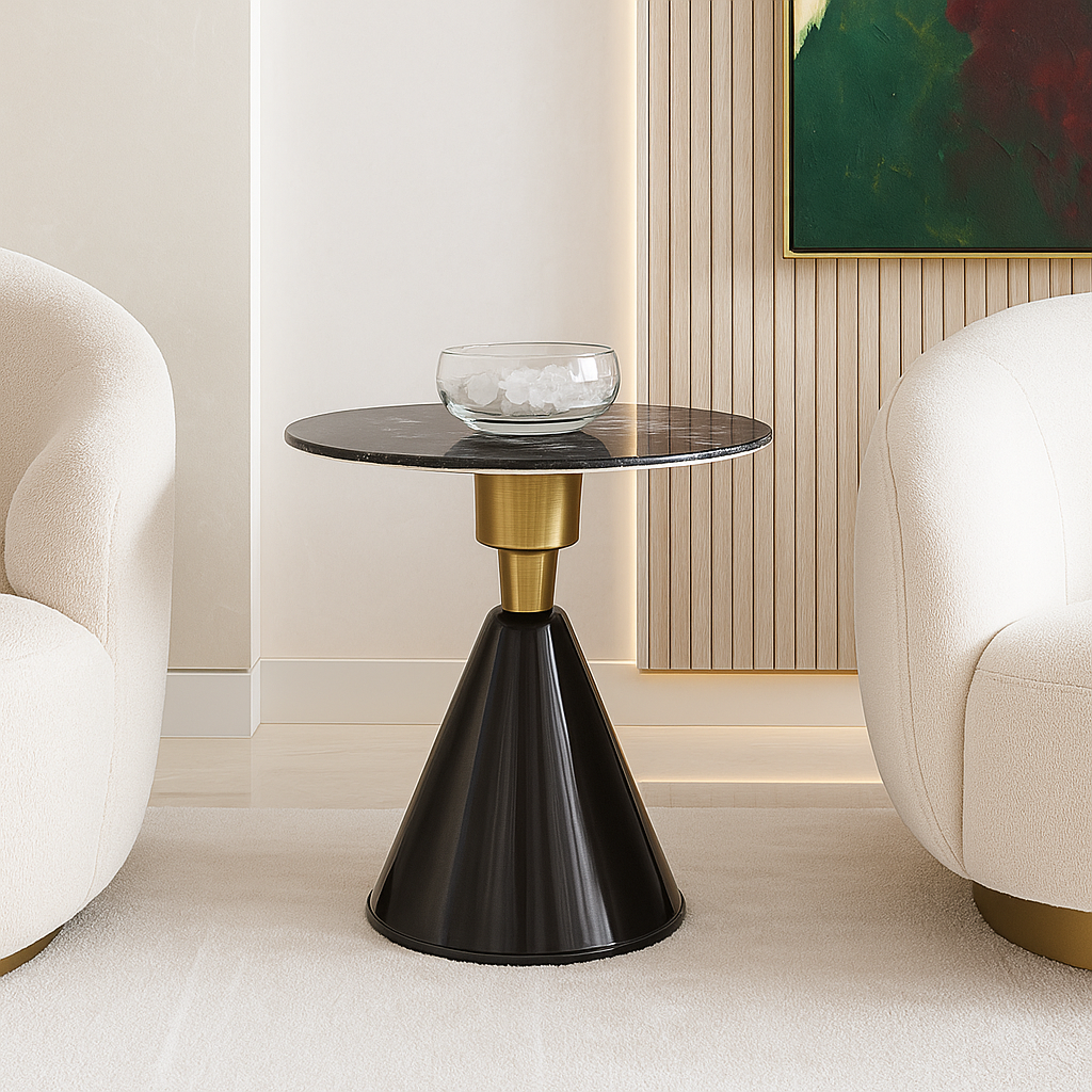 Modern side table with black marble top and gold accents in a stylish room.