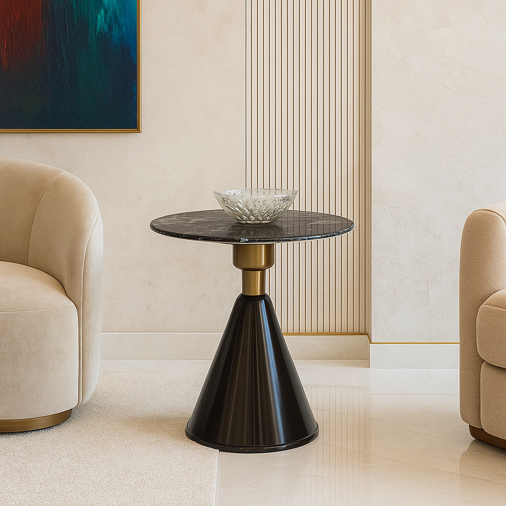 Modern side table with black and gold design in a living room setting