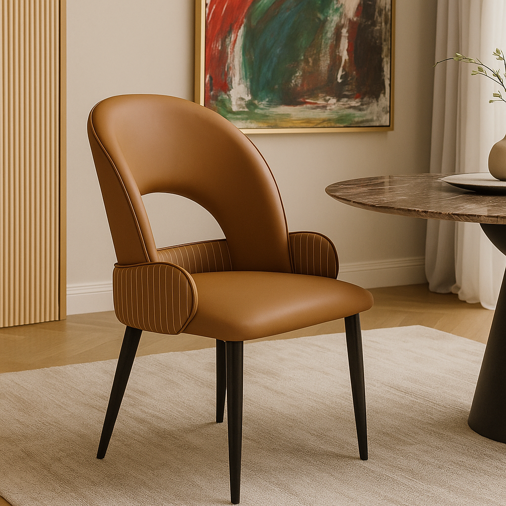 Brown leather chair in a room with a abstract painting on the wall.