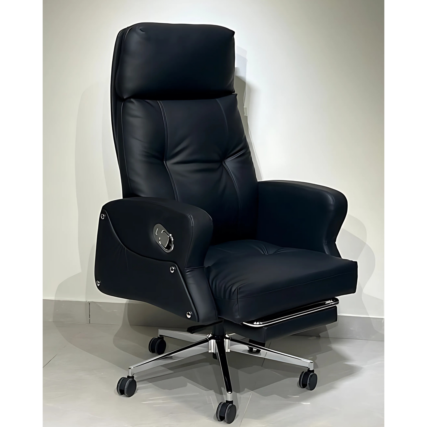 A black office chair with a high back, armrests, and a five-point wheeled base.