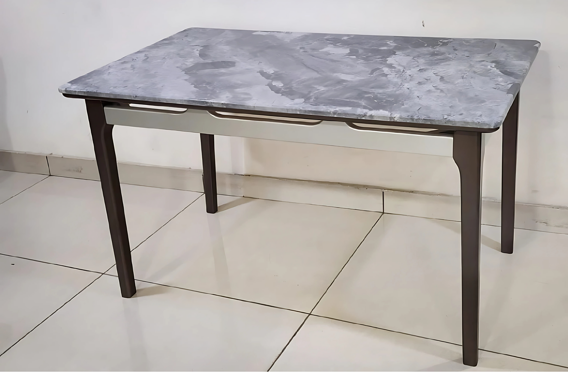 Minimalist grey marble dining table with wooden base and modern contours