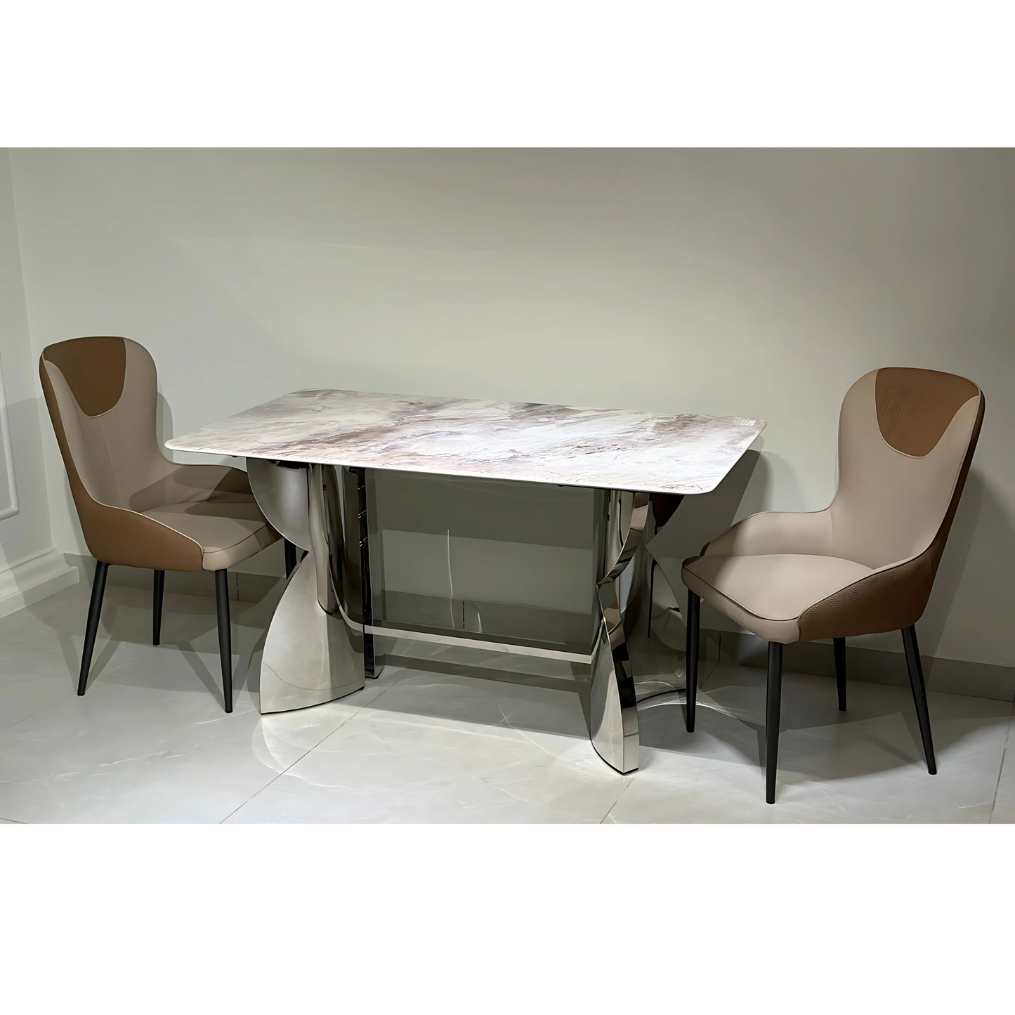 A rectangular dining table with a marble-like finish and silver metal legs, accompanied by two upholstered chairs in a beige and brown color scheme.