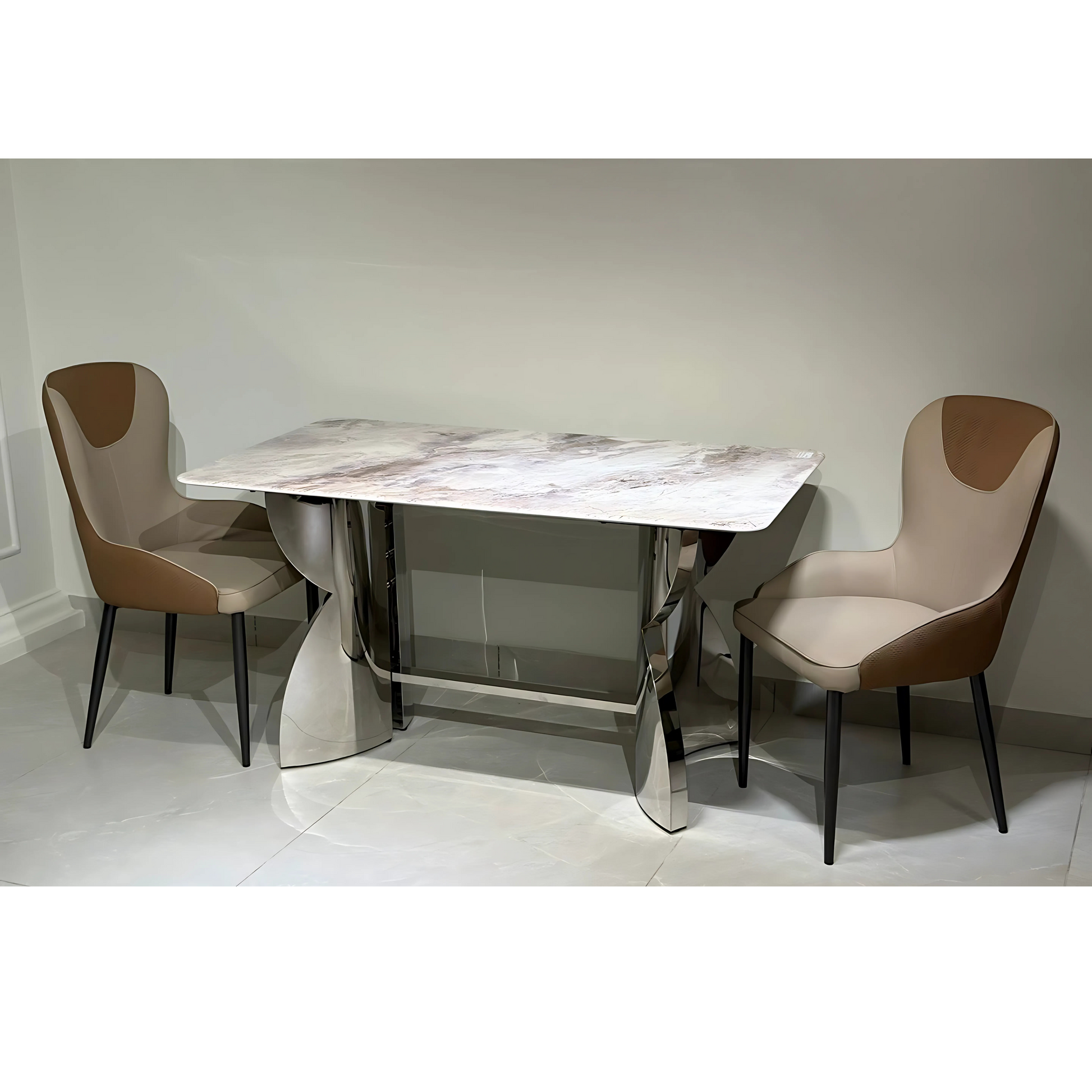 A rectangular dining table with a marble-like finish and silver metal legs, accompanied by two upholstered chairs in a beige and brown color scheme.