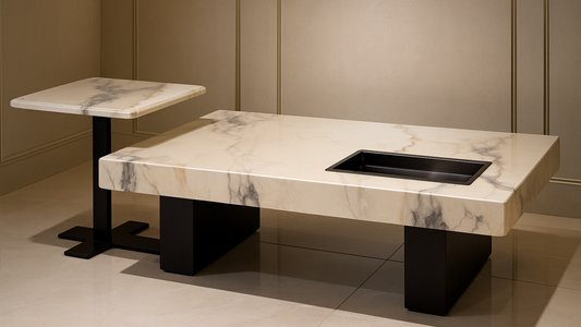 luxury rectangular marble center coffee table with cream veining and black base