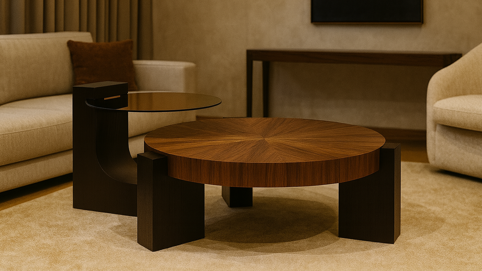 Round walnut veneer center table with asymmetrical black base and glass side extension


