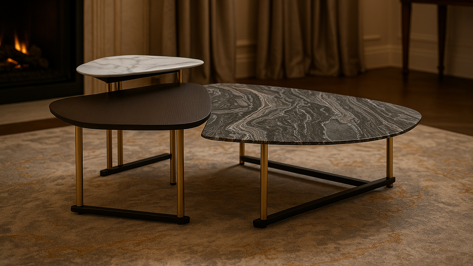 Three-piece center table with grey marble, ivory top, and charcoal wood finish
