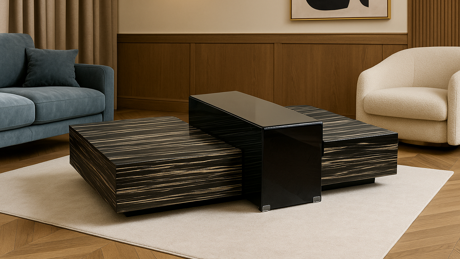 Luxury black and glass center coffee table with linear design

