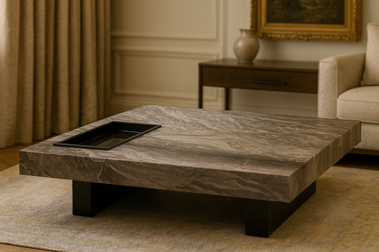 Luxury grey marble square coffee table with matte black base by TAS Living.