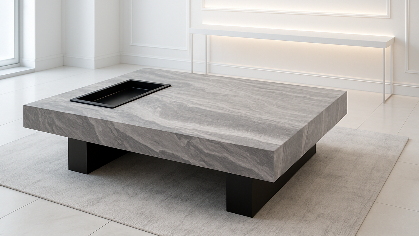Luxury grey marble square coffee table with matte black base by TAS Living.