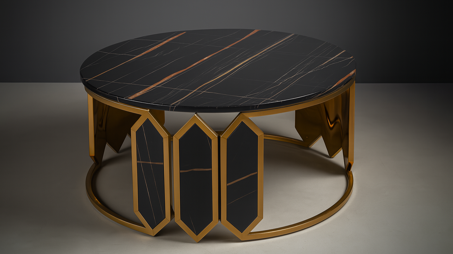Luxury round black marble and gold center coffee table with geometric base design