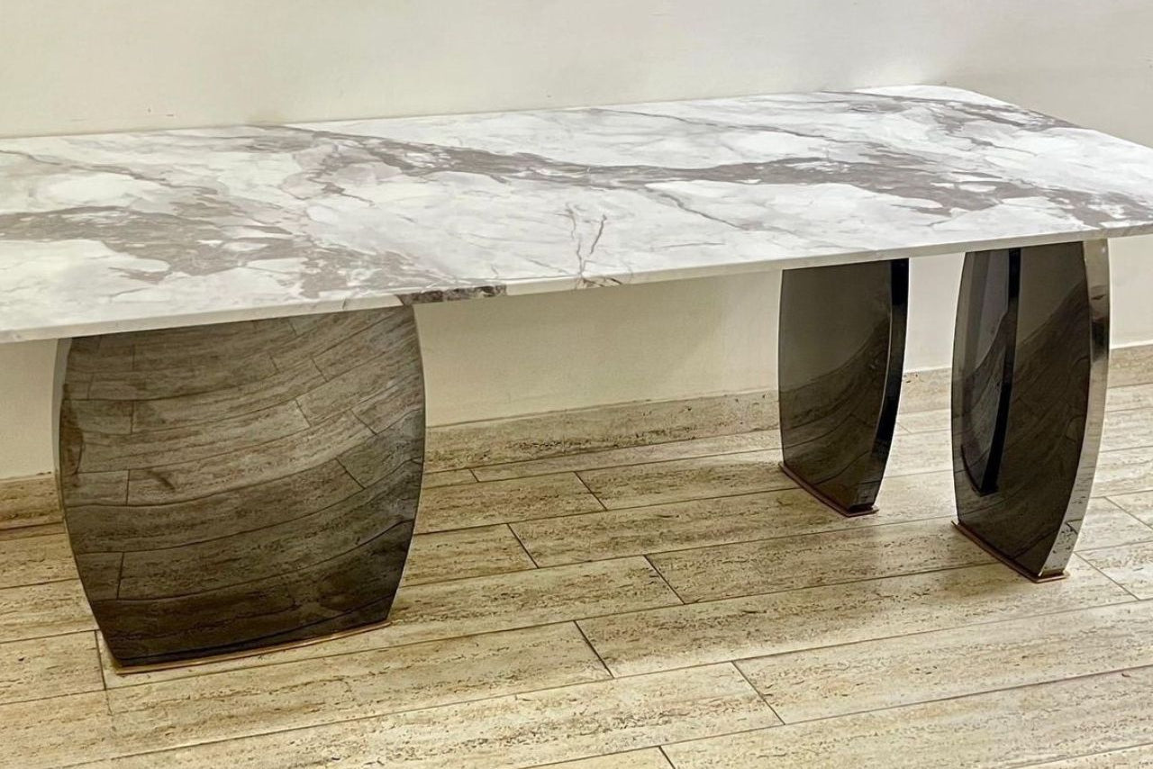 Ellipsia white-grey marble dining table, dual elliptical metallic pedestals

